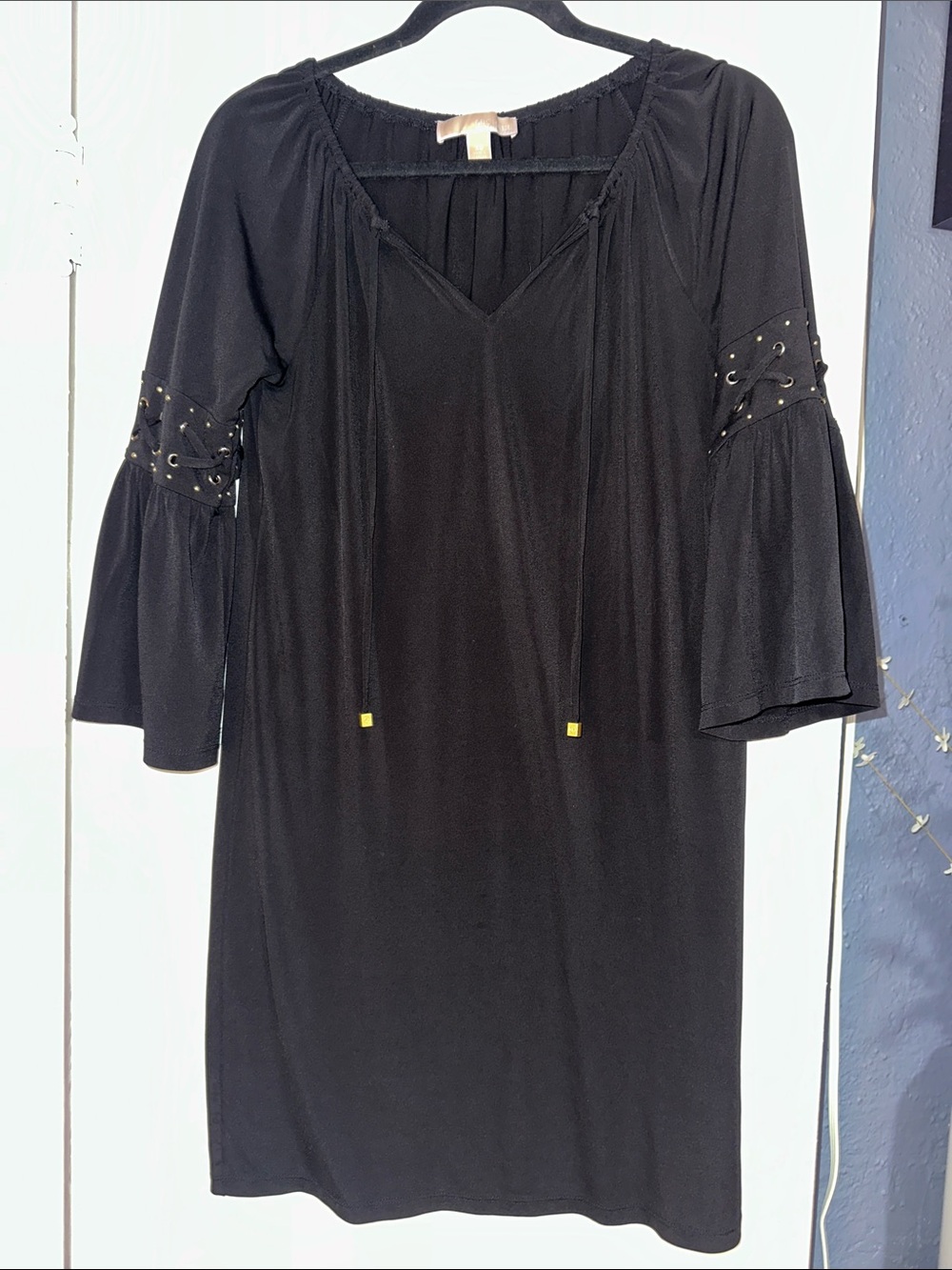 Michael Kors Black V-Neck Bell Sleeve Dress with Eyelet Detail